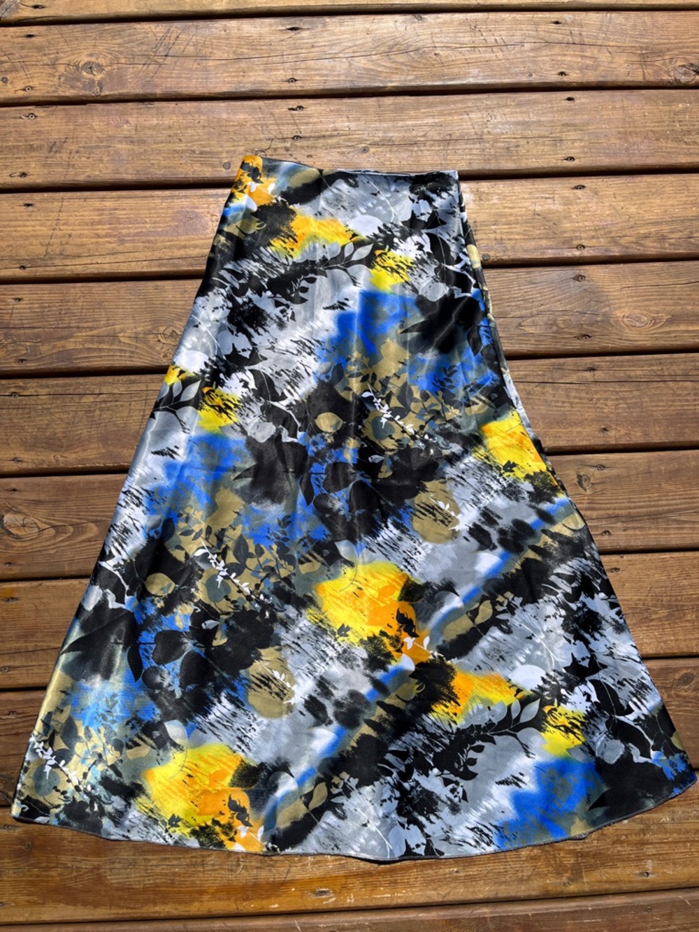 Black, blue and yellow patterned abstract maxi skirt